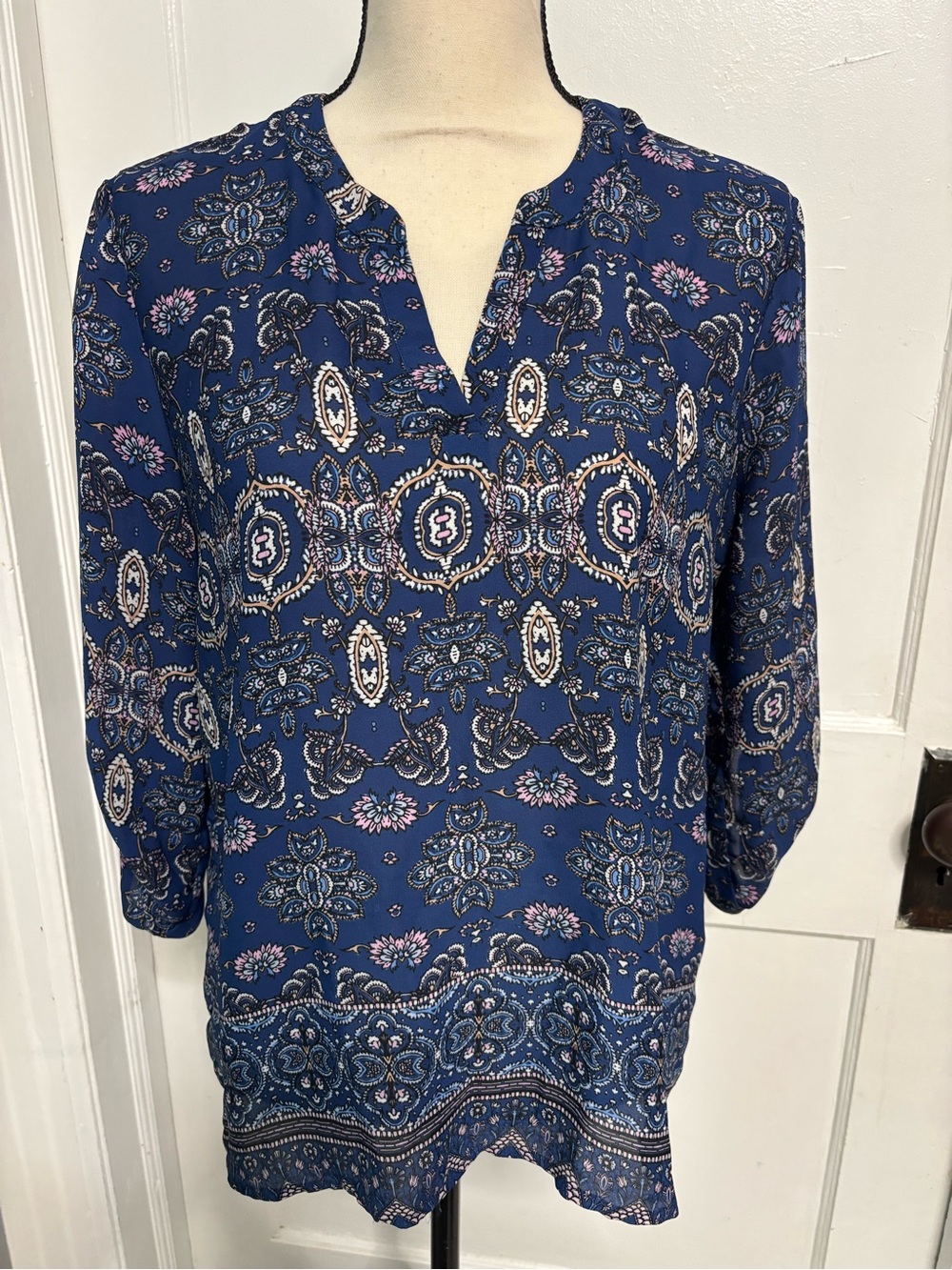 Pink Rose Blue Paisley V-Neck Tunic with Pink Accents